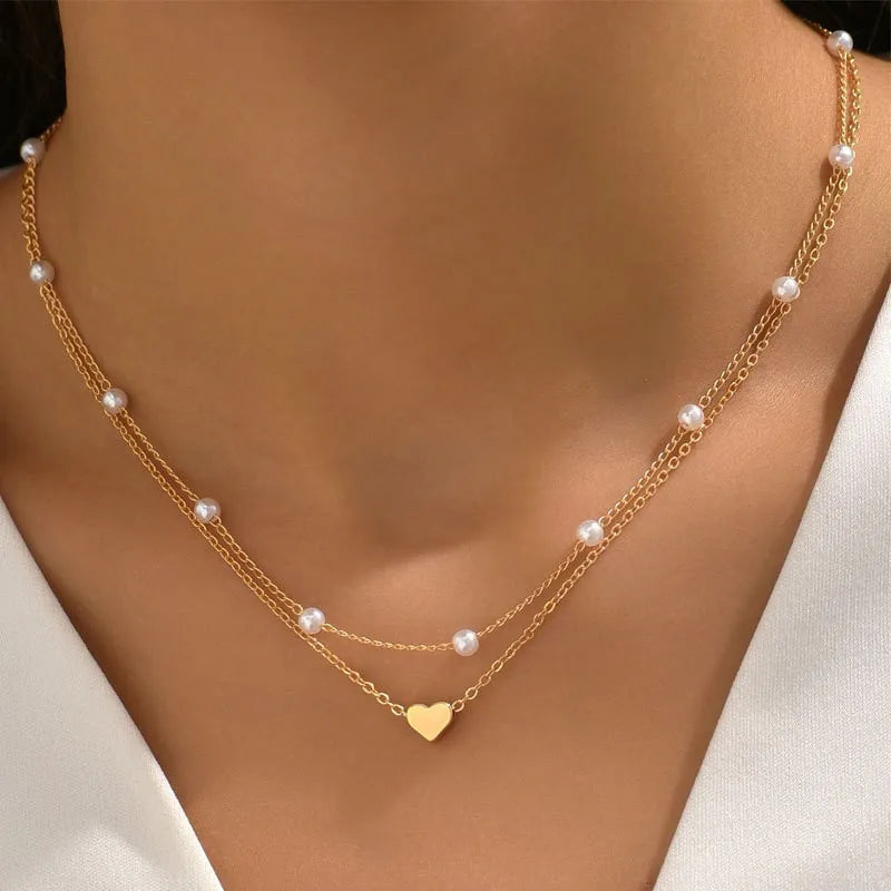 Multilayer Pearl Cross & Heart Necklace