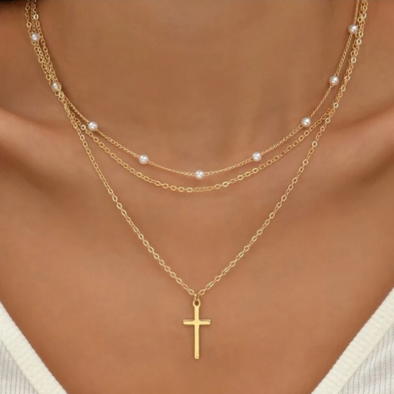 Multilayer Pearl Cross & Heart Necklace