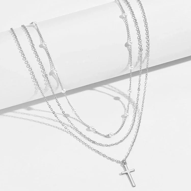 Multilayer Pearl Cross & Heart Necklace