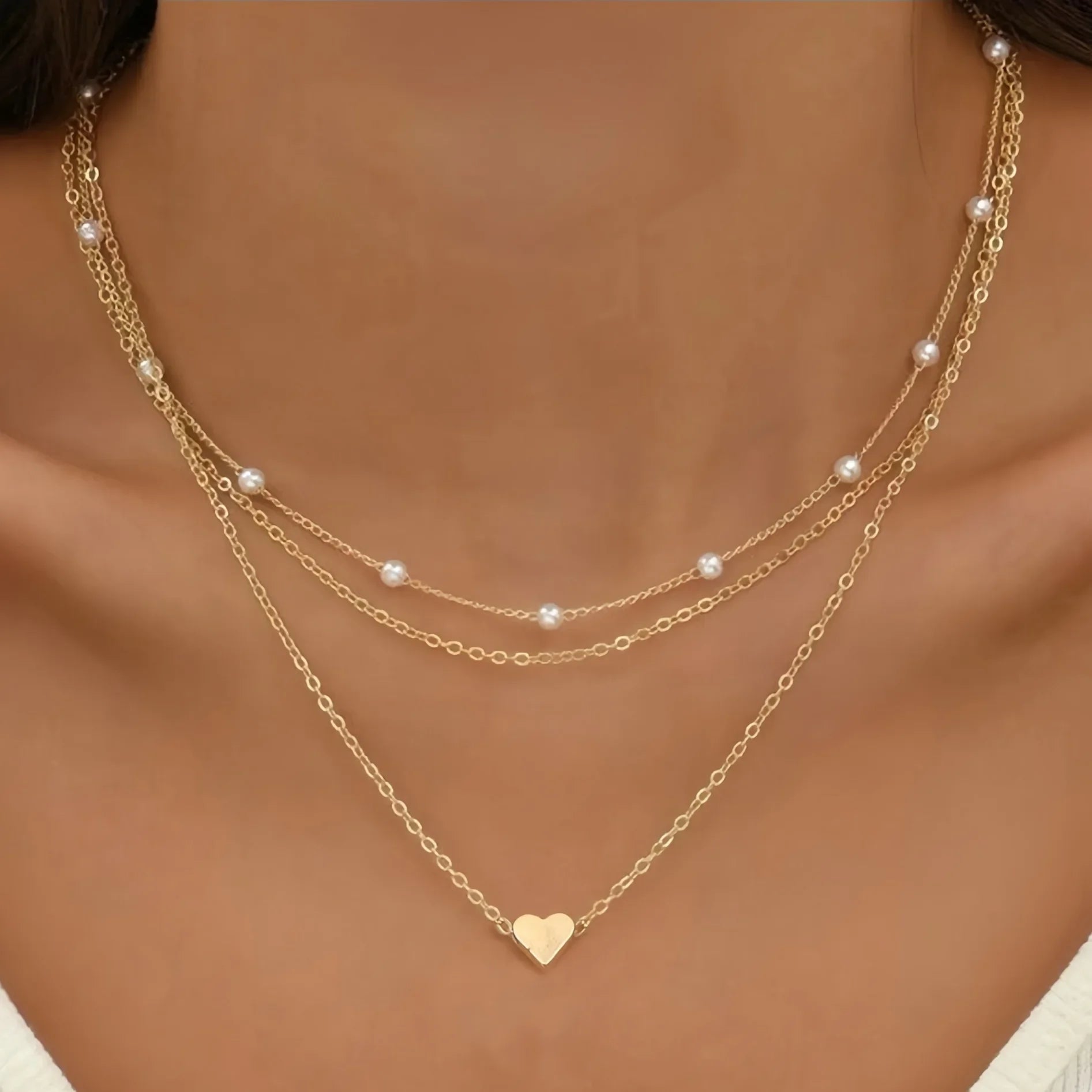Multilayer Pearl Cross & Heart Necklace